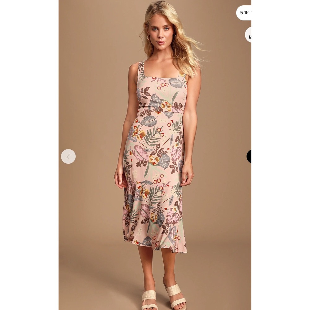 Lulus Blush Pink Tropical Floral Tie-Back Midi Dress Sleeveless Cutout Large